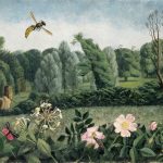 landscape painting with wildflowers, trees and a hornet flying